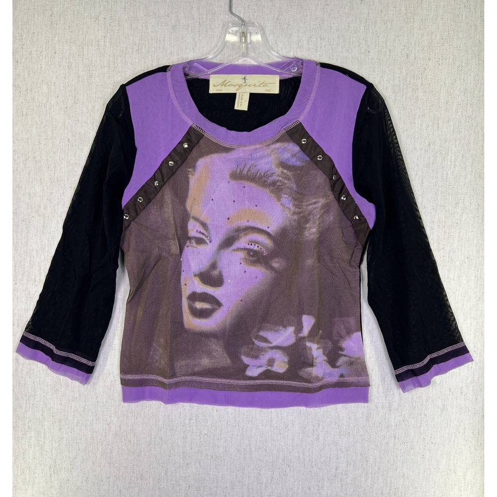 VTG Mosquito Marilyn Monroe Purple & Black Mesh Shirt Women's Large‎ Rhinestones